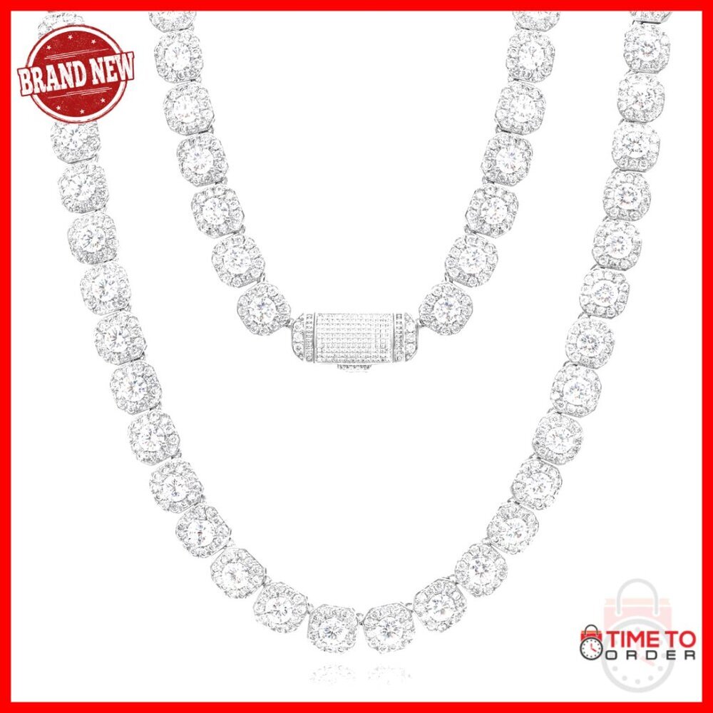 12mm Tennis Chain Necklace White Gold Plated Cuban Link Choker 16 Inch - Picture 1 of 7